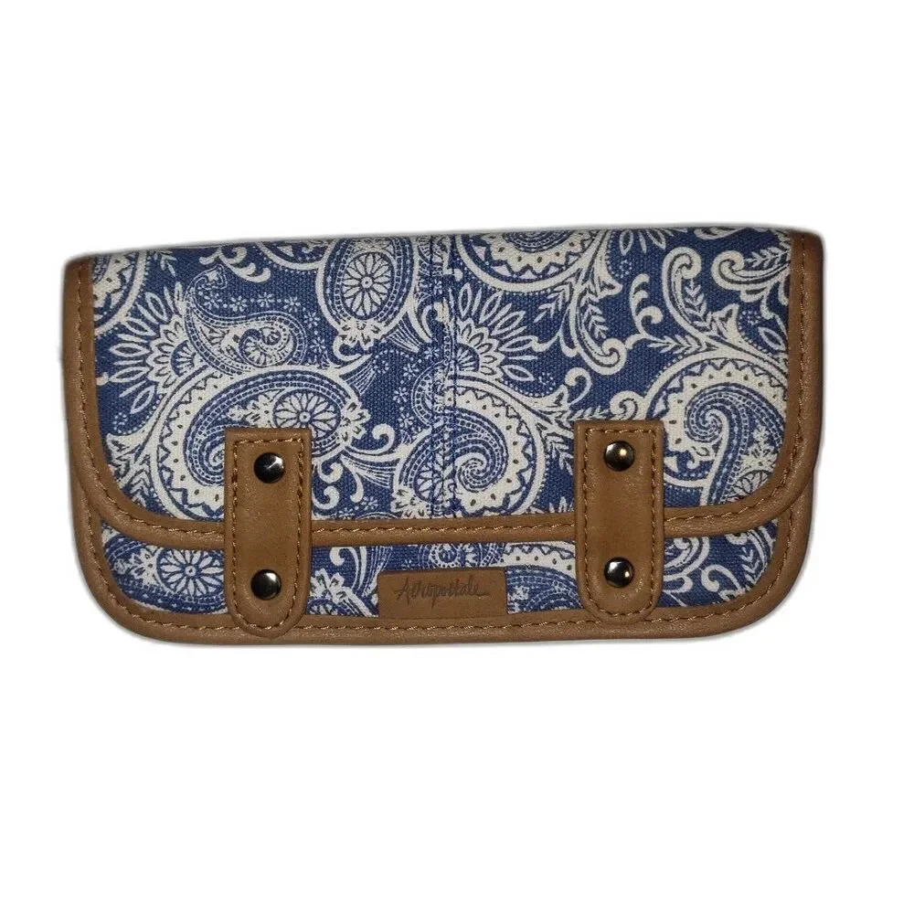 AEROPOSTALE Blue White Paisley Fabric Wallet with Tan Faux Leather Strap NEW